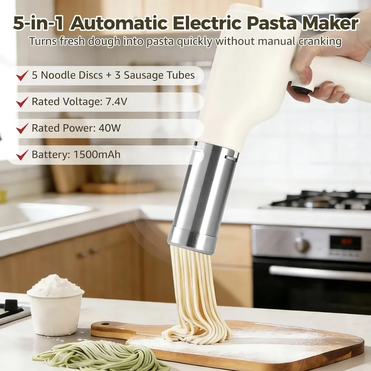 Cordless、Rechargeable、Battery、Electric Pasta Maker、5‑in‑1、Handheld、Automatic、5 Shaping Discs、Multiple Pasta Shapes、Home