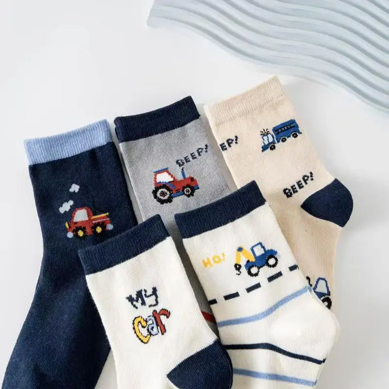5 Pairs Kids Cotton Socks Cartoon Car Excavator Pattern Boys Soft Breathable Mid Calf Socks