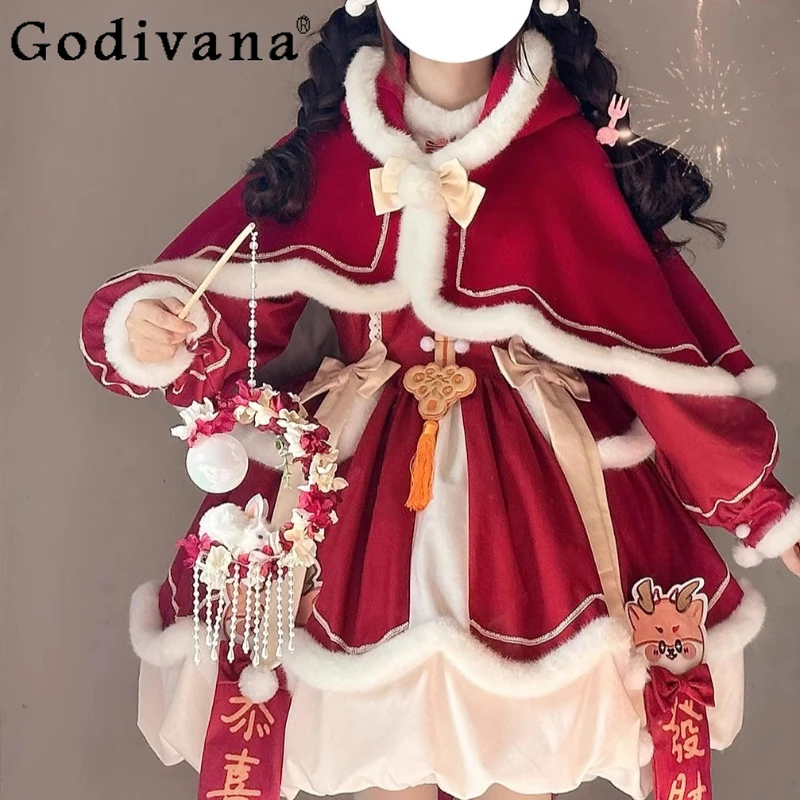 

Lolita New Year Battle Dress Set Women Autumn Winter Spring Festival Christmas Dress Female Red Long Sleeve Dress and Cape