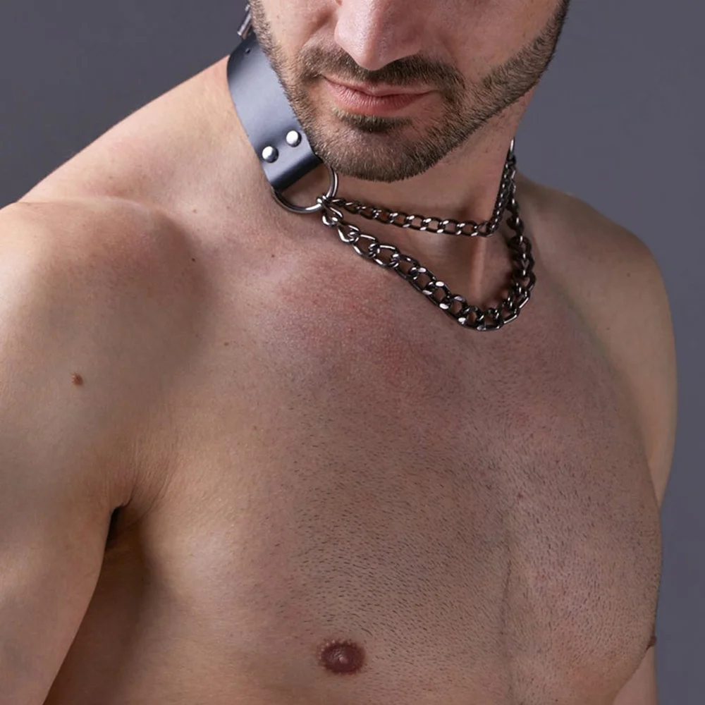 Man Harness Chain Collar PU Leather Handmade Punk Style Neck Necklace Bondage Fetish Gay Lothing Adjustable Accessorie