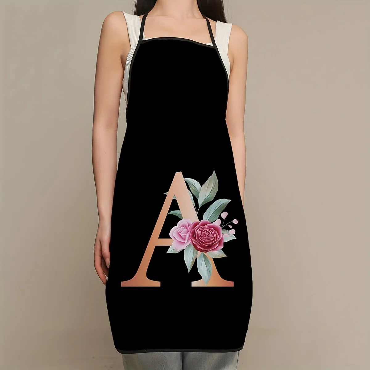 1pc Floral Letter Print Polyester Apron for Women Durable Thickened Kitchen Cooking Apron Elegant Rose and Initial Design Aprons
