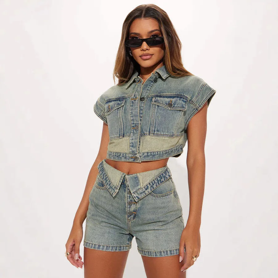 

Fashion Casual Design Spell Color Slim Denim Two-piece Set,Sleeveless Single-breasted Short Top+High-waisted Straight-leg Shorts