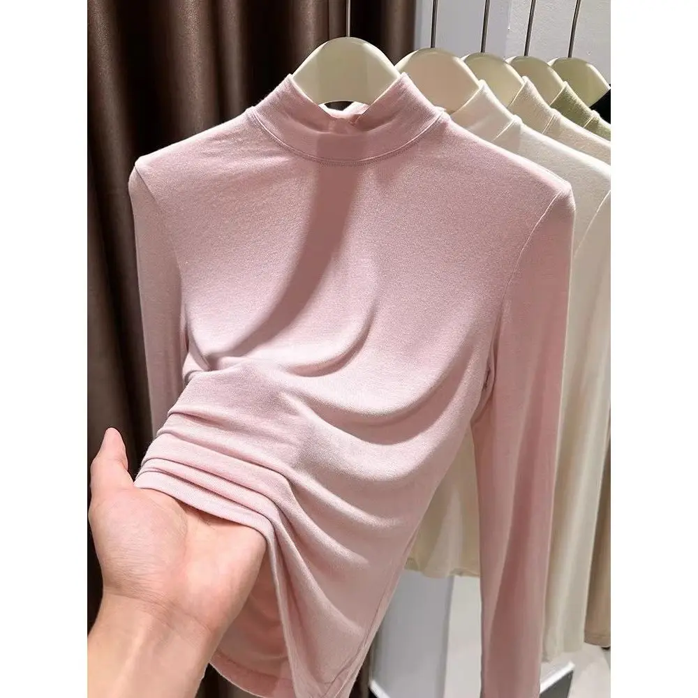 Women's Modal Cotton Base Shirt Half High Collar Pink Skin Color T-Shirt Autumn Winter New Style Fashionable Inner Wear Mask ...