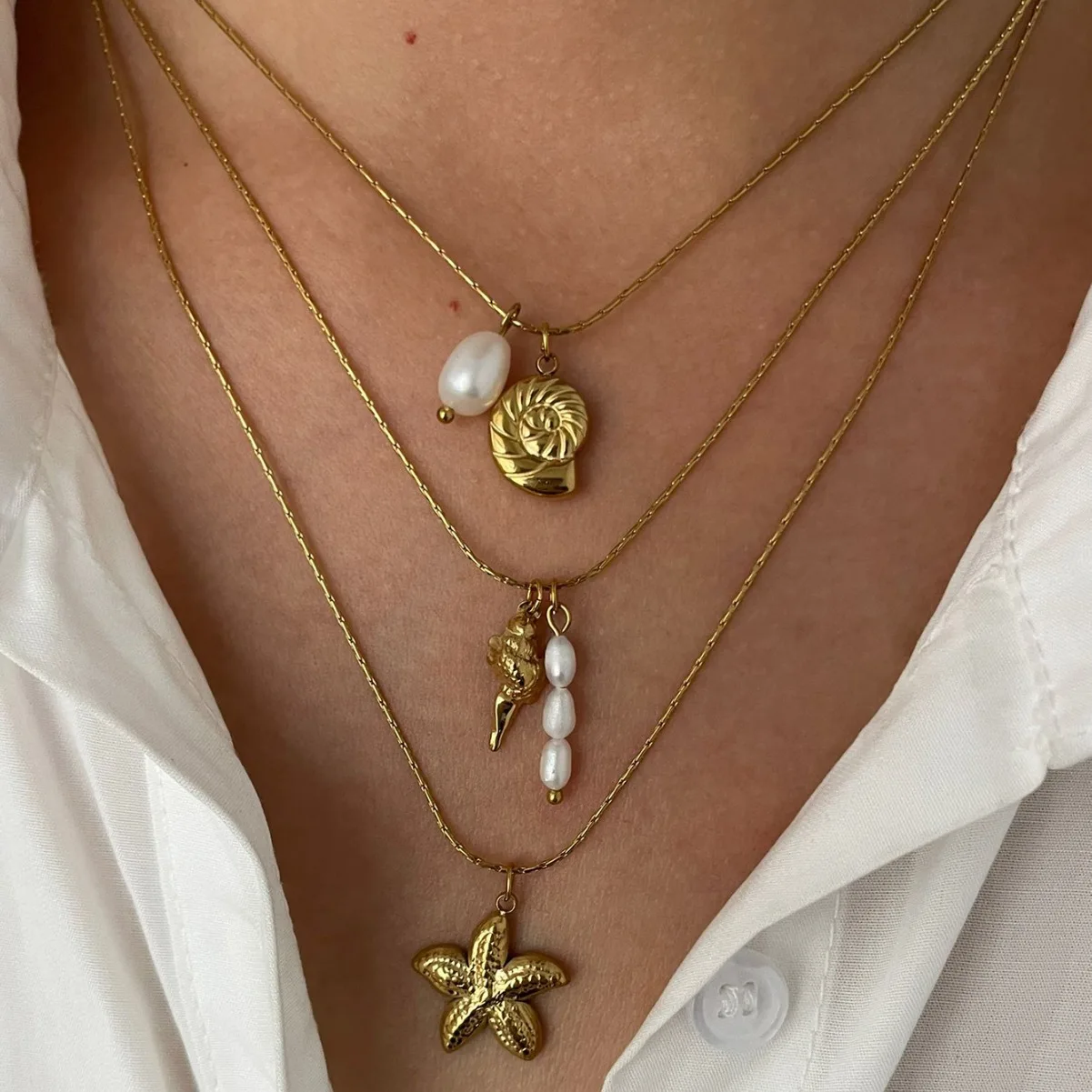 MHS.SUN Starfish Shell Conch Pendant Necklaces For Women Men Stainless Steel Trendy Chain Choker Beach Party Jewelry Summer