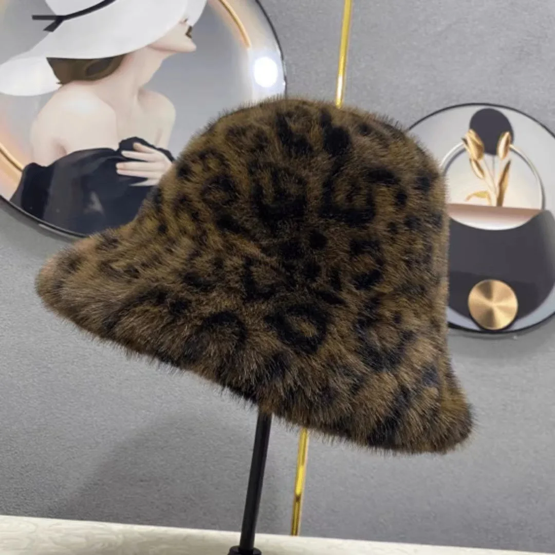 Women's Leopard Print Fisherman's Hat Winter Outdoor Warm Basin Hat Plus Pile Bucket Cap Street Fashion Cotton Cap