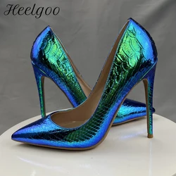 Heelgoo Shiny Blue Snakeskin Women Sexy Pointed Toe Slip On High Heel Shoes Ladies Party Night Club Stiletto Pumps Plus Size46