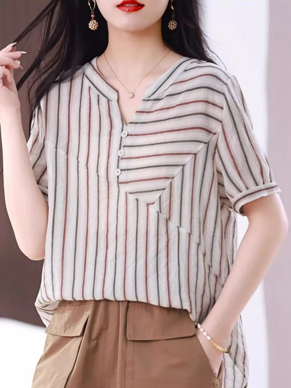 Camisa listrada de manga curta para mulheres novo decote em v chiffon topo roupas de verão da mãe elegante e elegante camisa casual
