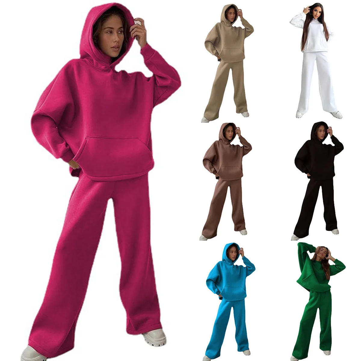 Women Tracksuit Two Pieces Set Hooded Solid Color Sweatshirts Wide Leg Pants Pockets Elastic Waist Loose Sports High Street