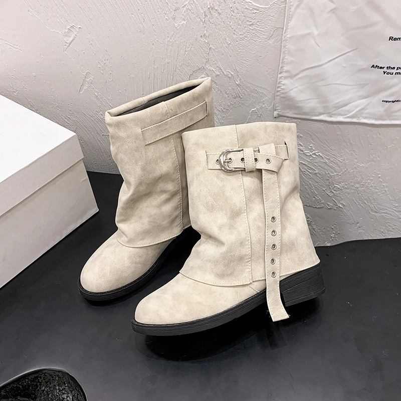 Sweet Design Ruched Stacked Boots for Women 2026 Fall/winter New Belt Buckle Chunky Heel Biker Boots Hottie Pants-leg Boots