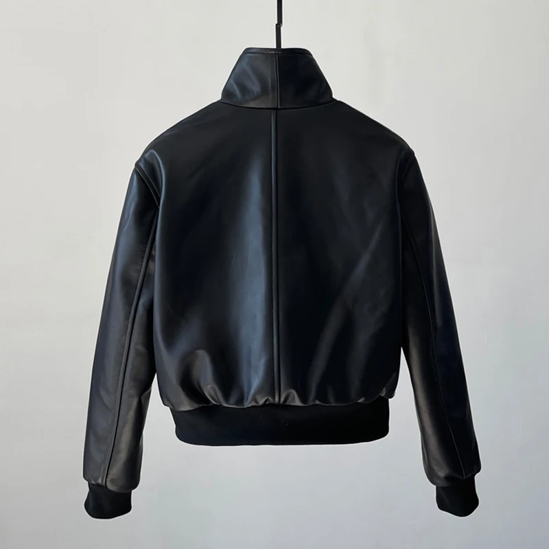 Zwart bijgesneden schapenvacht jas mode opstaande kraag slim fit dubbele zak dames echt leer motorjas casual bovenkleding