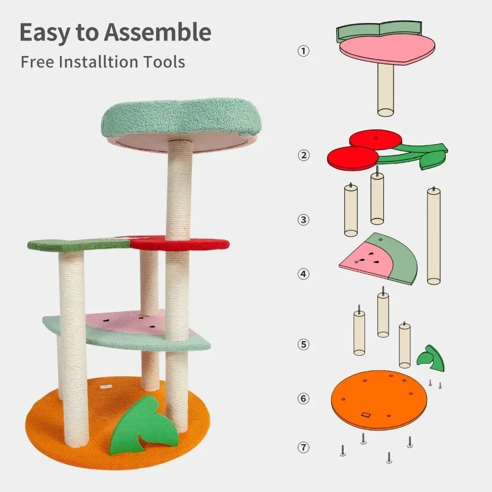 고양이 나무, 과일 모양 플랫폼 및 사이 잘 덮인 스크래치 포스트, 다층 고양이 타워, 41.3 인치