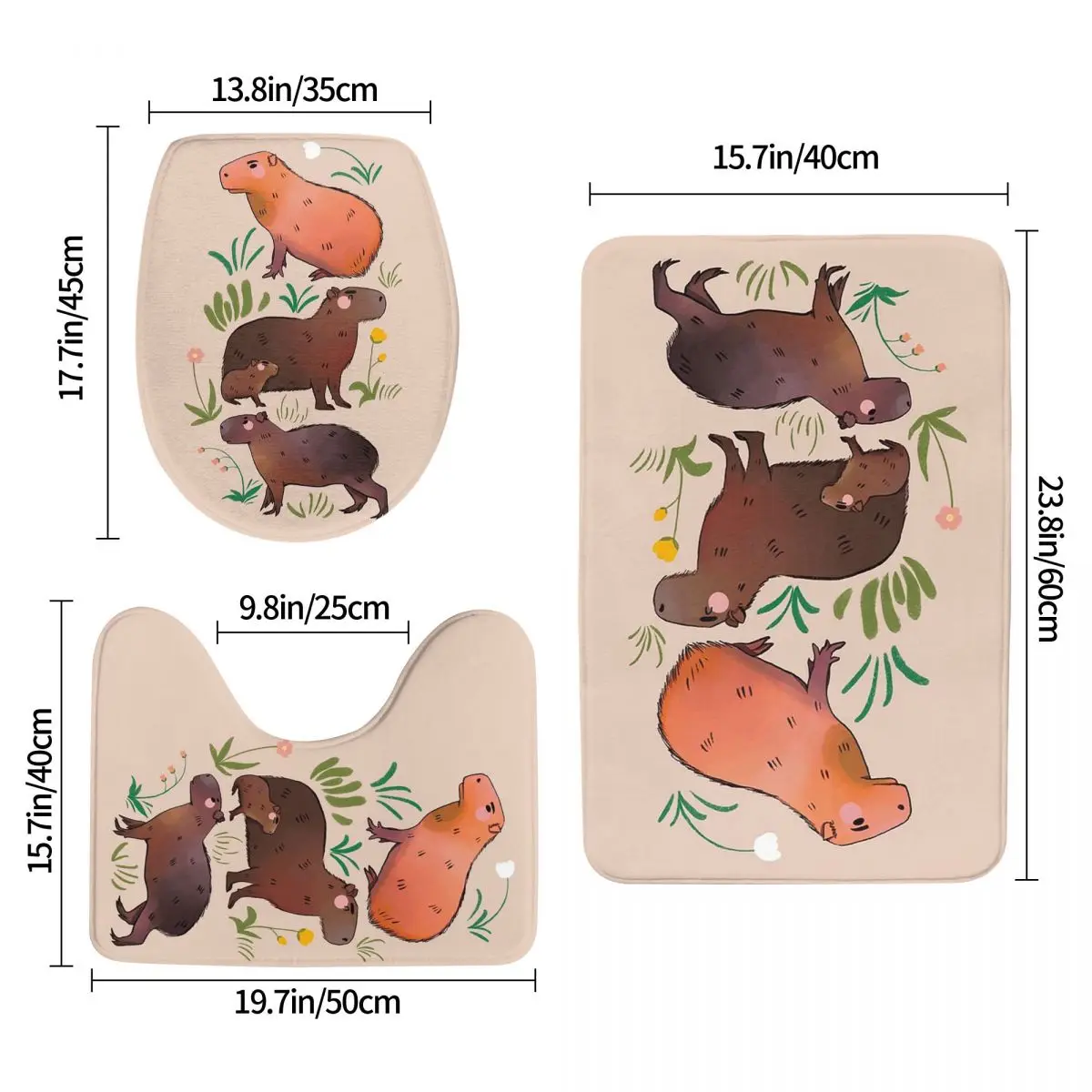 Capybara - Cute Green And Brown Animal 3 Pcs Bath Mat Bathroom Set Toilet Lid Cover Home Decor Non-Slip Carpet Floor Rug