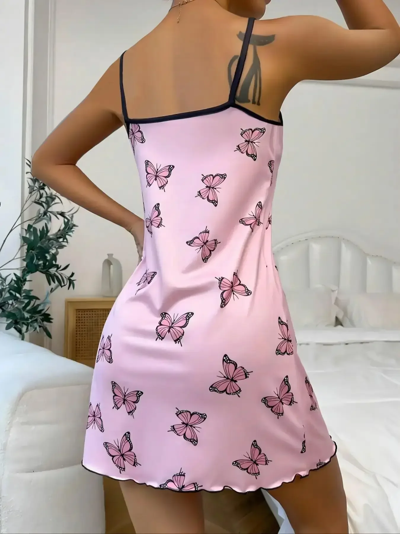 Butterfly Printed Slip Nightdress Women Sexy Sleepwear Round Neck Sleep Dress Split Thigh Nighties Nightgown Loungwear