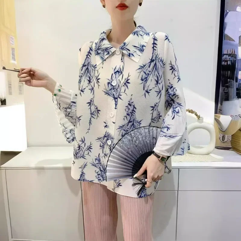 

Miyake 2024 Spring New Retro Bamboo Printed Women's Casual Top Jacket Toothpick Folding Flare Sleeves Loose Women's Shirt