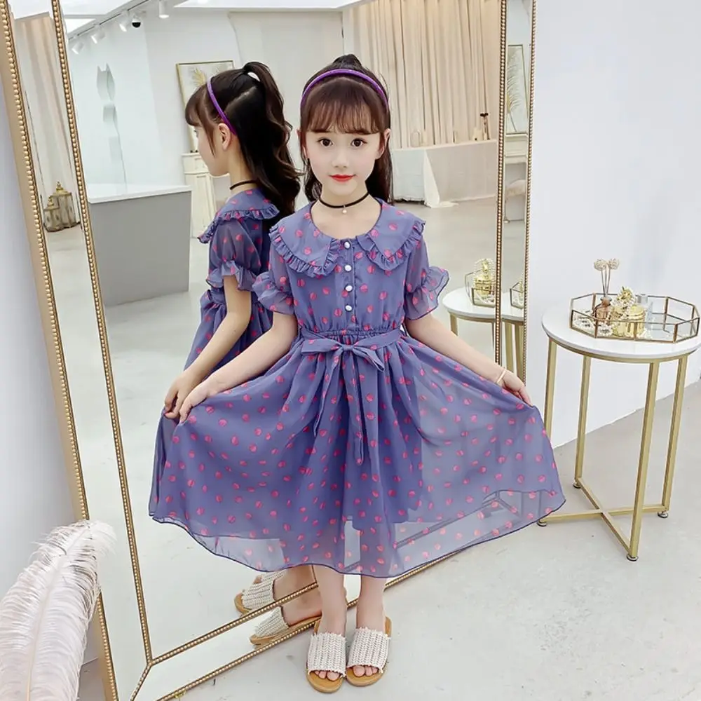

Elegant Doll Collar Girls Princess Dress Teens Lace Up Summer Dot Dress Party Beach Vacation Children Dress Summer