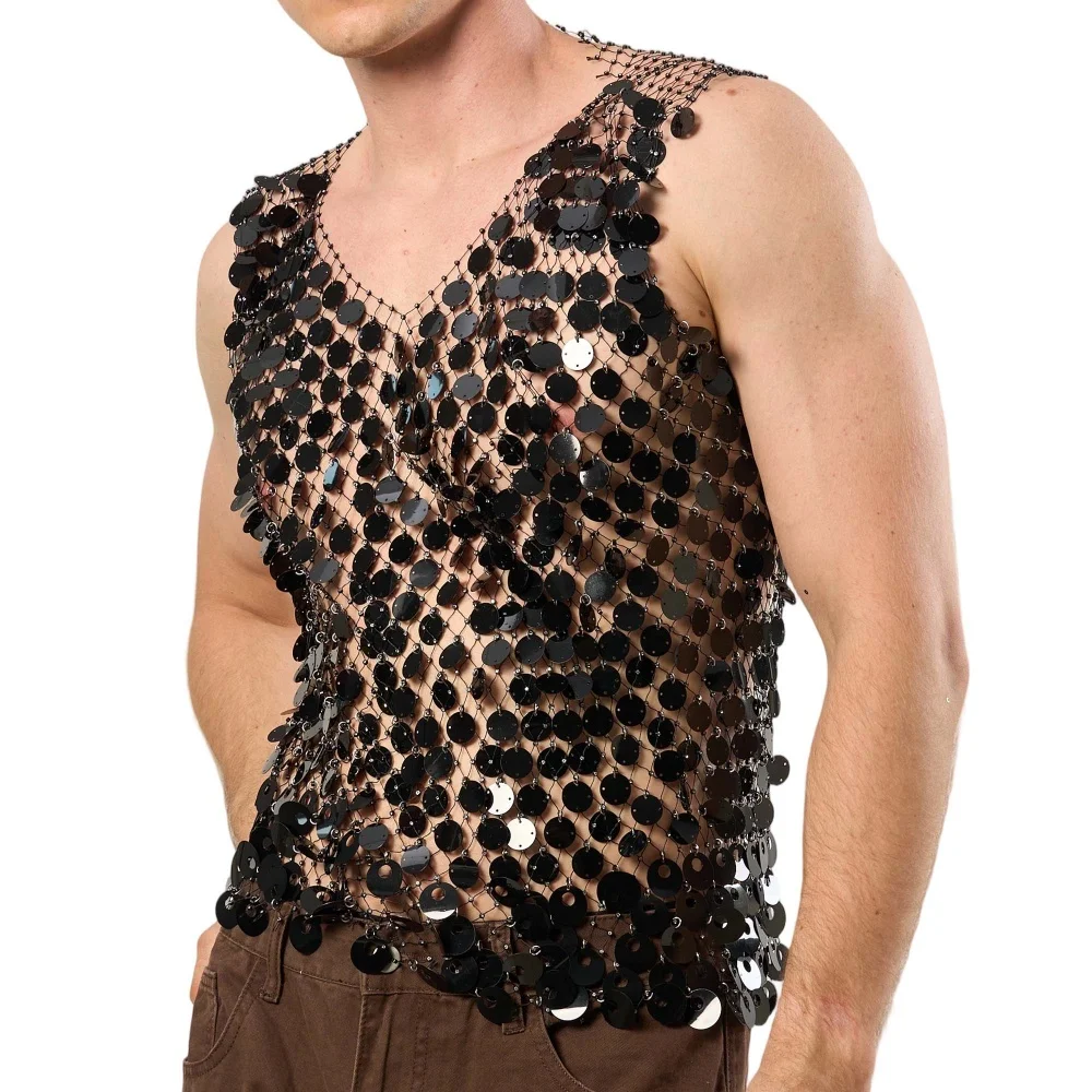 Stylish Men's Hollow Out Sequin Vest Music Festival Party Nightclub Tank Tops See-through Rave Performance Costumes for Men
