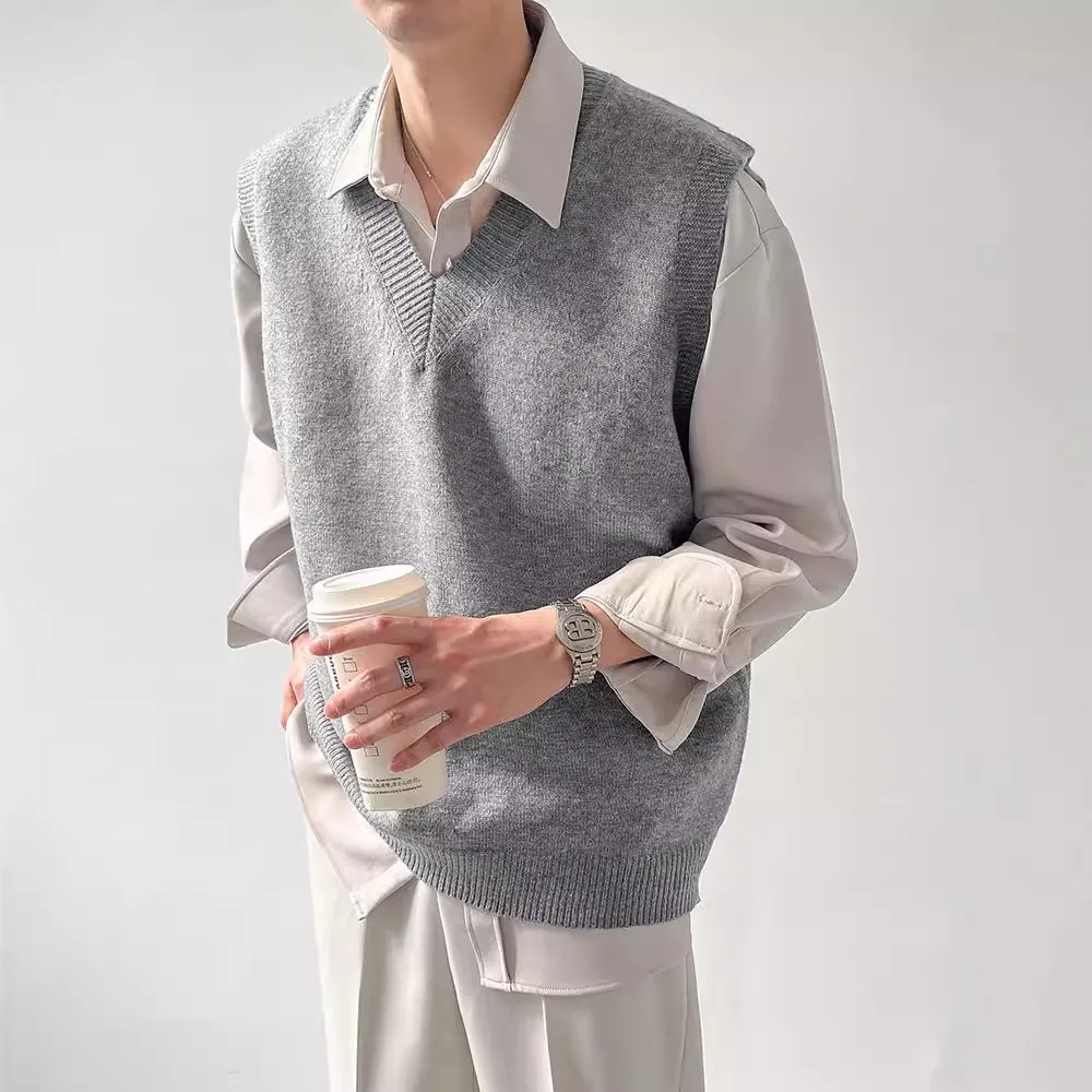 Loose Knitted Vest Men's Base Layer Sleeveless V-Neck Sweater Fashion Urban Style Woolen Material Regular Thickness