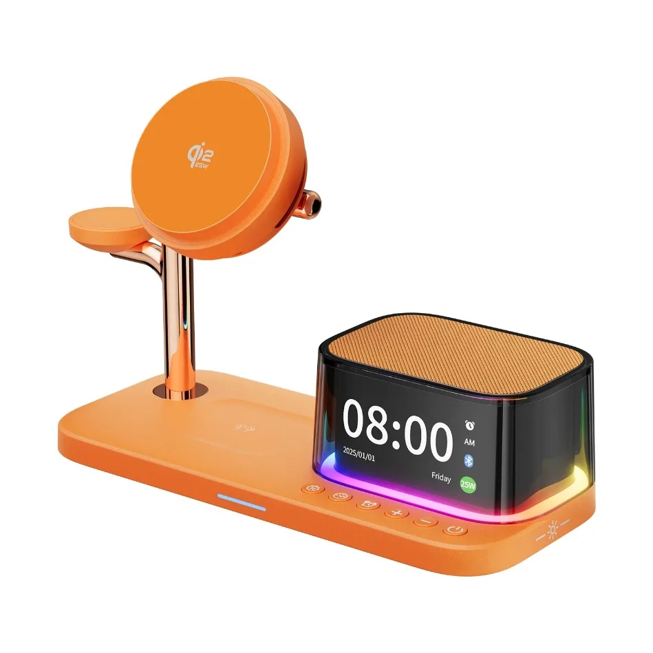 

Многофункциональная магнитная присоска 5-в-1, 25 Вт, беспроводная зарядка, RGB, Bluetooth, аудио, часы для мобильного телефона, универсальная беспроводная зарядка