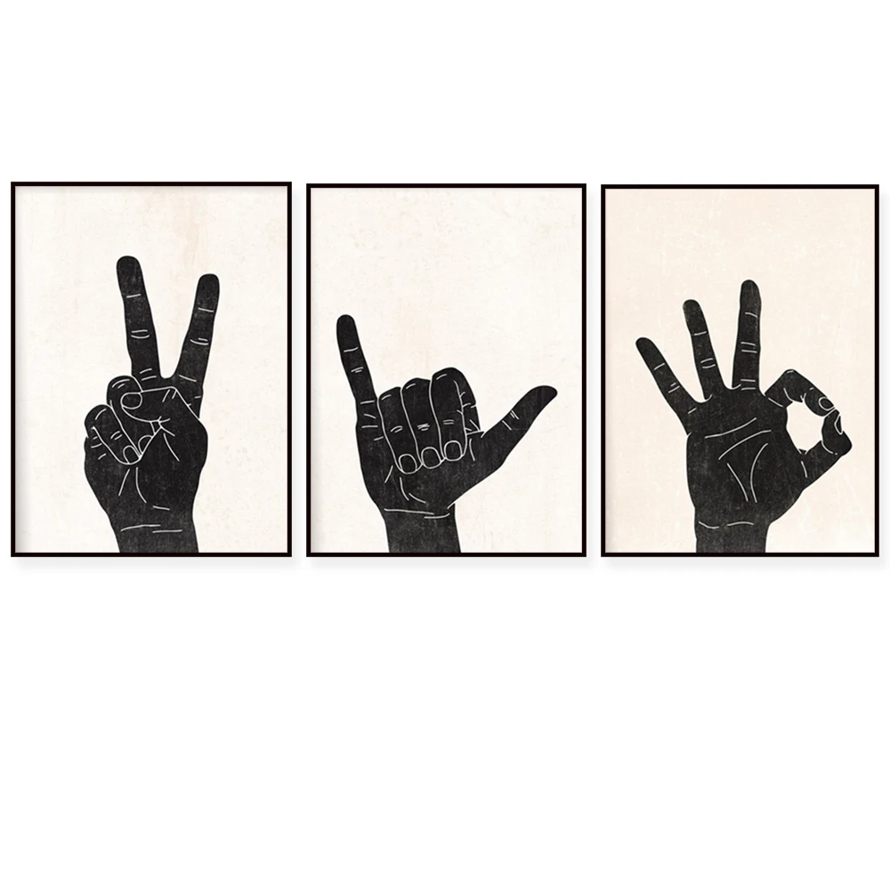 Peace sign, OK gesture, Shaka hand wall art gesture 3 decorative canvas art poster printing