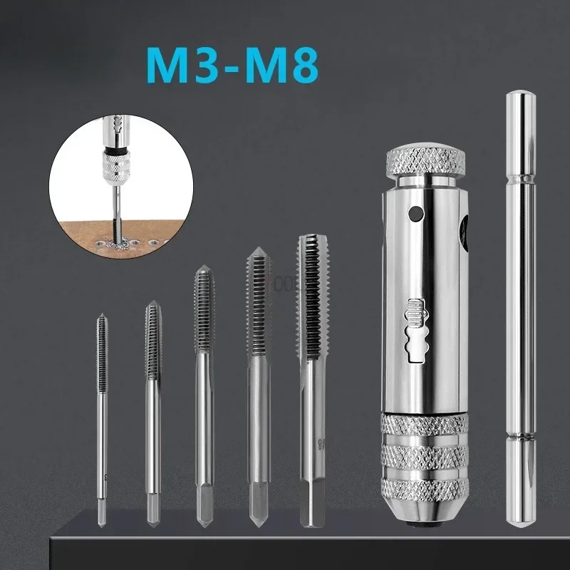 

Adjustable T-Handle Ratchet Tap Holder Wrench with 5pcs M3-M8 Machine Screw Thread Metric Plug T-shaped Tap Hand Screw Tap Tools