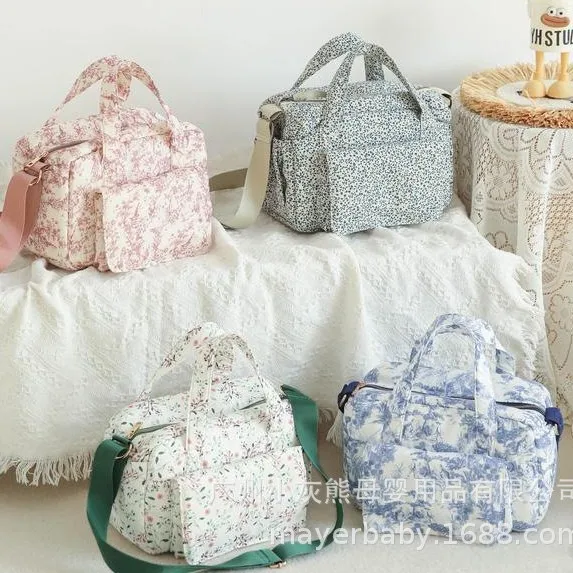 Women Floral Pattern Diaper Bag Multi Pockets Portable Maternity Mommy Bag Adjustable Strap Travel Nursing Handbag