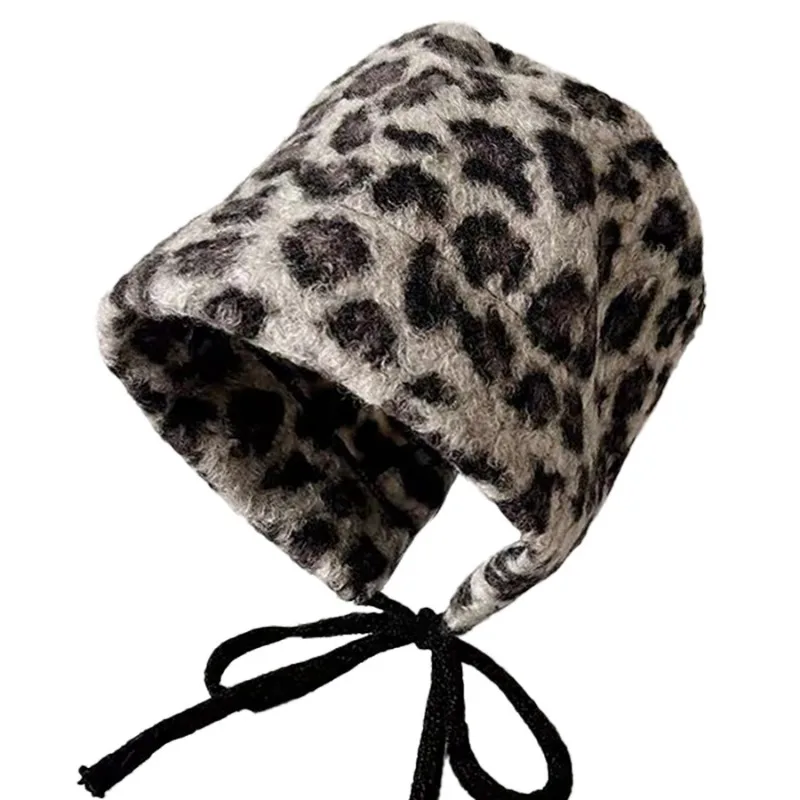 Y2K Retro Leopard Print Woolen Strap Women's Caps Autumn and Winter Travel Versatile Fashion Warm Ear Protection Bomber Hats