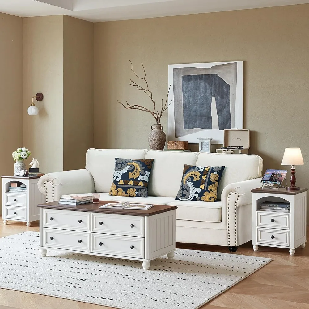 منضدة مزرعة خشبية بيضاء مع قاعدة شحن وأدراج تخزين #4