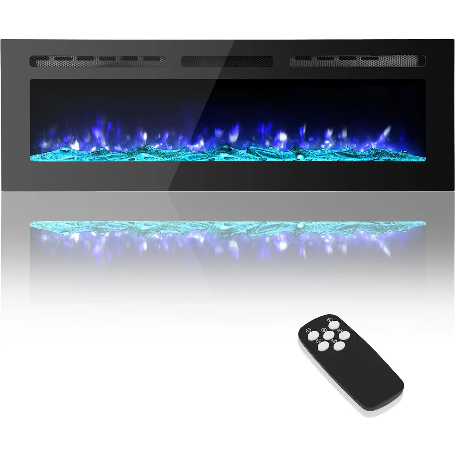 60 Inch Wall-Mounted Electric Fireplace, Iron + Tempered Glass, 120V/1500W - Touch Screen, 12 Flame Colors, Fake Wood Log & Crystal Stone Flame, Temperature Control, and Two-Speed Heating