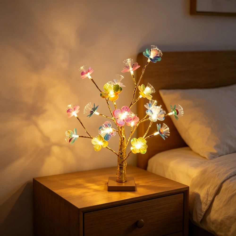 1PC Battery Box Golden Birch Table Lamp, LED Colorful Small Flower Desktop Night Light, Suitable for Bedroom Home Furnishings