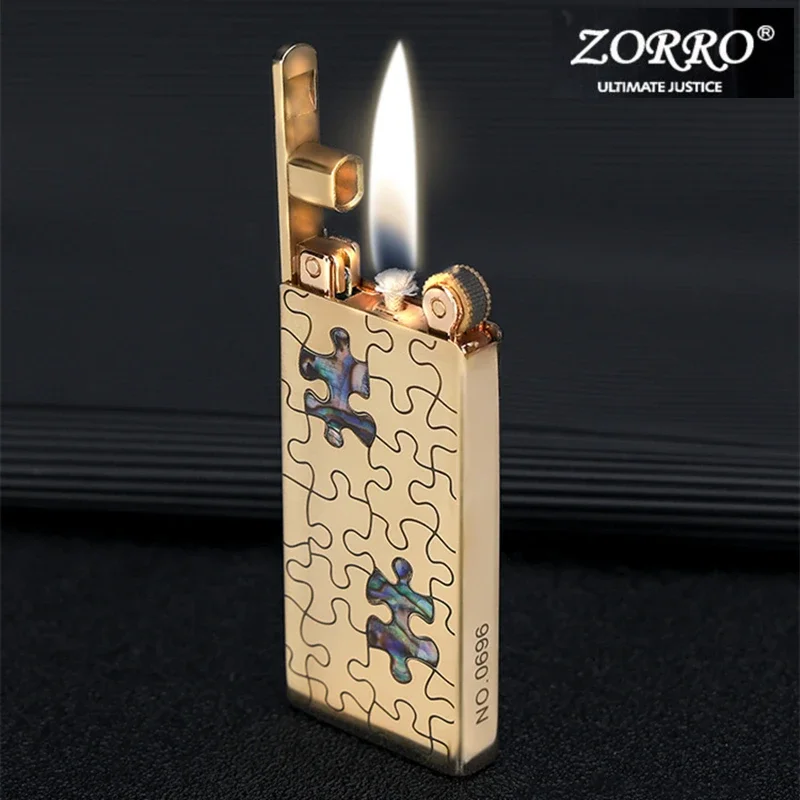 ZORRO Retro Pure Copper Kerosene Lighter Lift Model Colorful Shell Inlaid Ultra Thin Lighter Men's Small Tool High end Gift