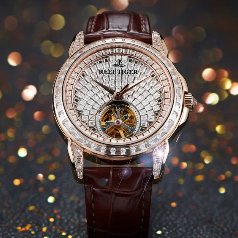 Reef Tiger Men Automatic Watch 41.5mm Luxury Mechanical Wristwatch Luminous Skeleton Crystal Dial & Bezel Sapphire Mirror