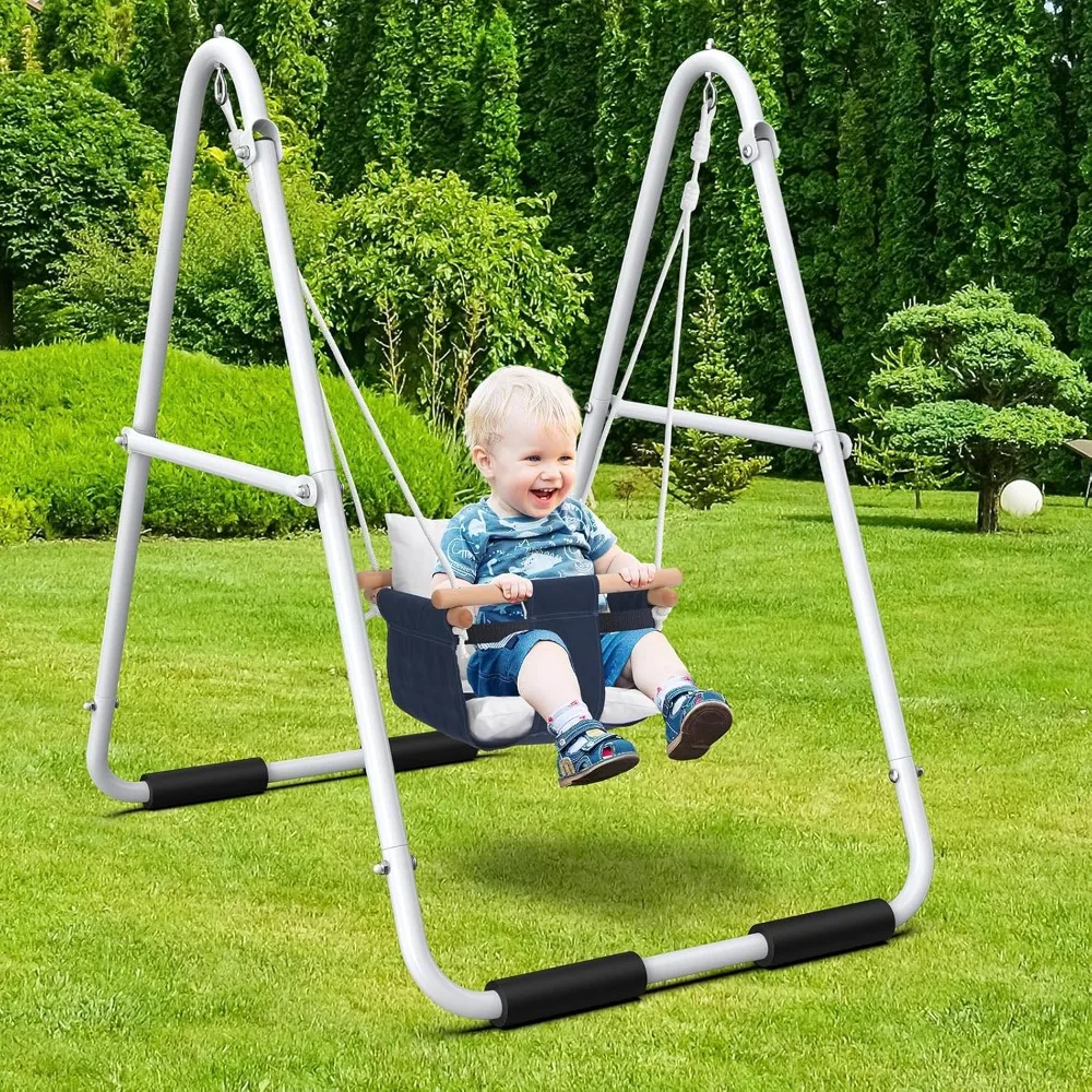 Store Best-Sellers Toddler Swing with Stand Heavy Duty Baby Indoor Outdoor Swing Set Safety Harness Foldable Metal Frame 55lbs C