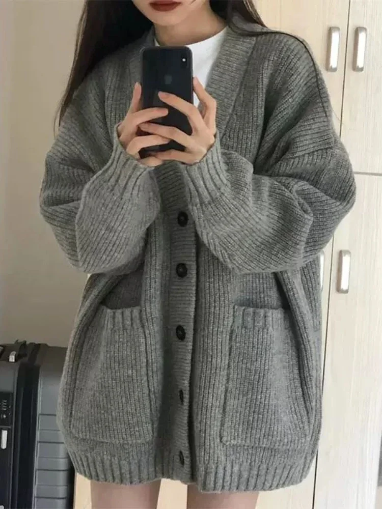 

Vintage Gray Knitted Cardigan Women Harajuku Oversized Sweater Korean Fashion V-neck Long Sleeve Tops Preppy Streetwear