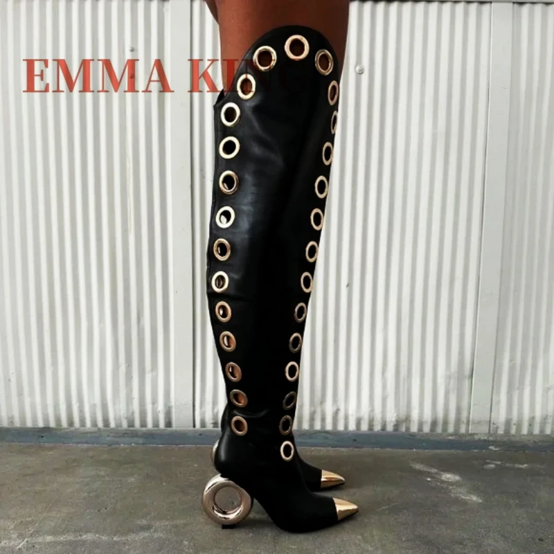 

Сапоги выше колена с металлическими глазами, пикантная женская обувь на круглом каблуке с острым носком и боковой молнией, мода 2025, Zapatos Para Mujeres