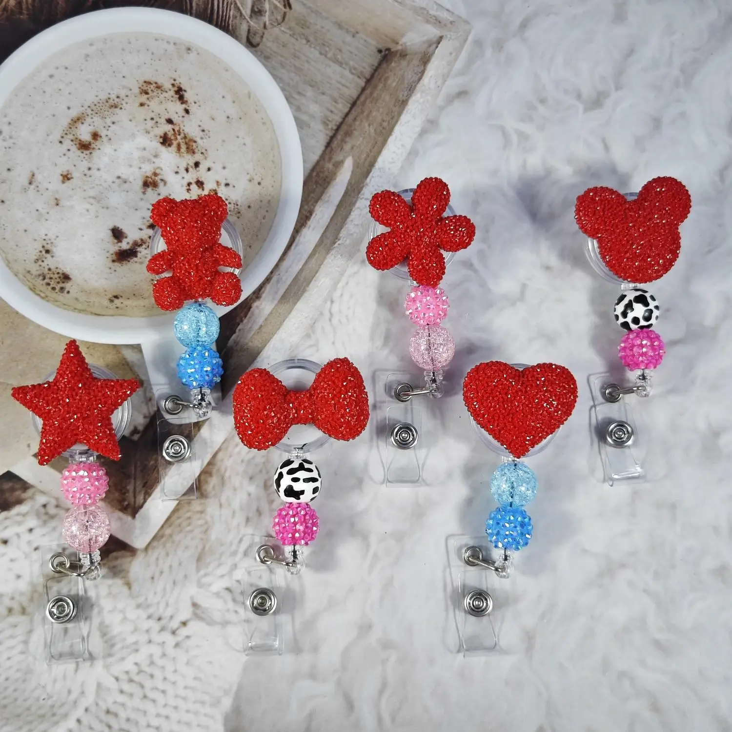 Retractable Badge Reel with Red Gypsophila Cartoon Beads Lanyard Card Holder Clip for Nurse Work ID Badge Reel