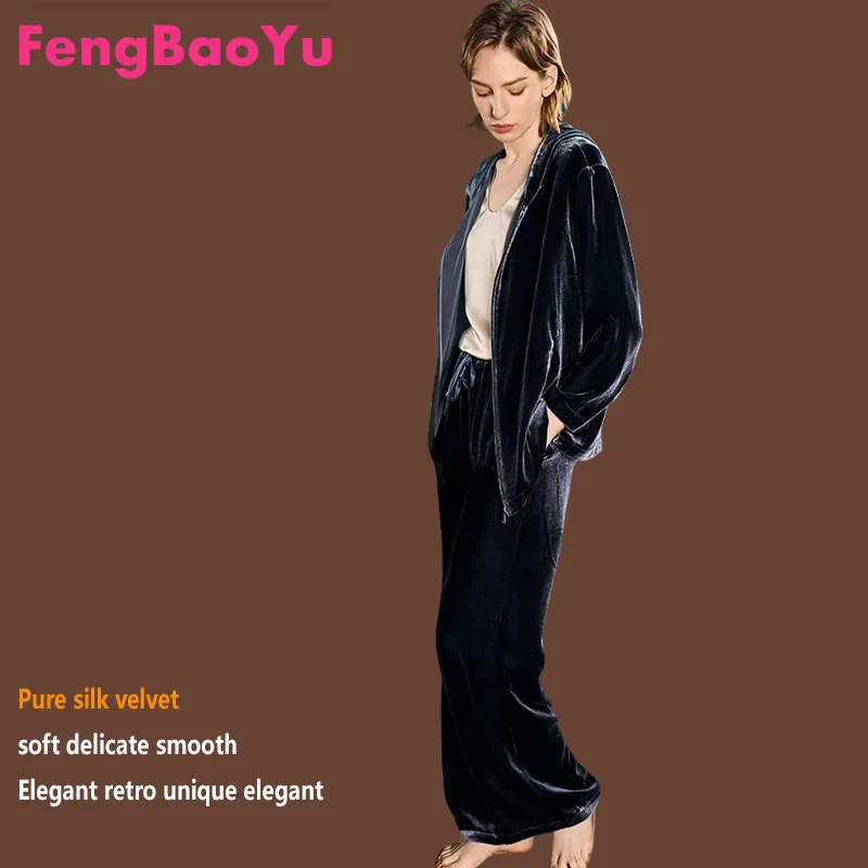 

Fengbaoyu Luxury Silk Velvet Women's Suit - Hooded Jacket and Pants Set - 2 Pieces of Casual Clothing - Comfortable and Soft