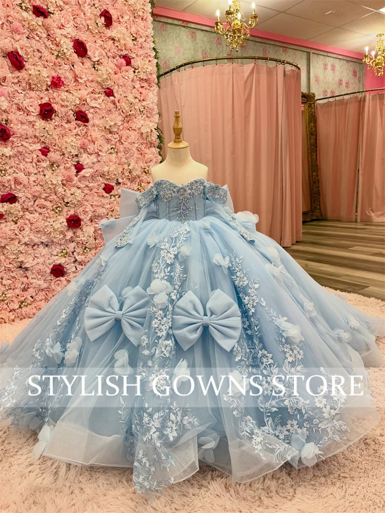 Robes De Quinceanera bleues scintillantes avec nœud, robe De fête d'anniversaire en dentelle avec perles De fleurs 3D, 15 ans