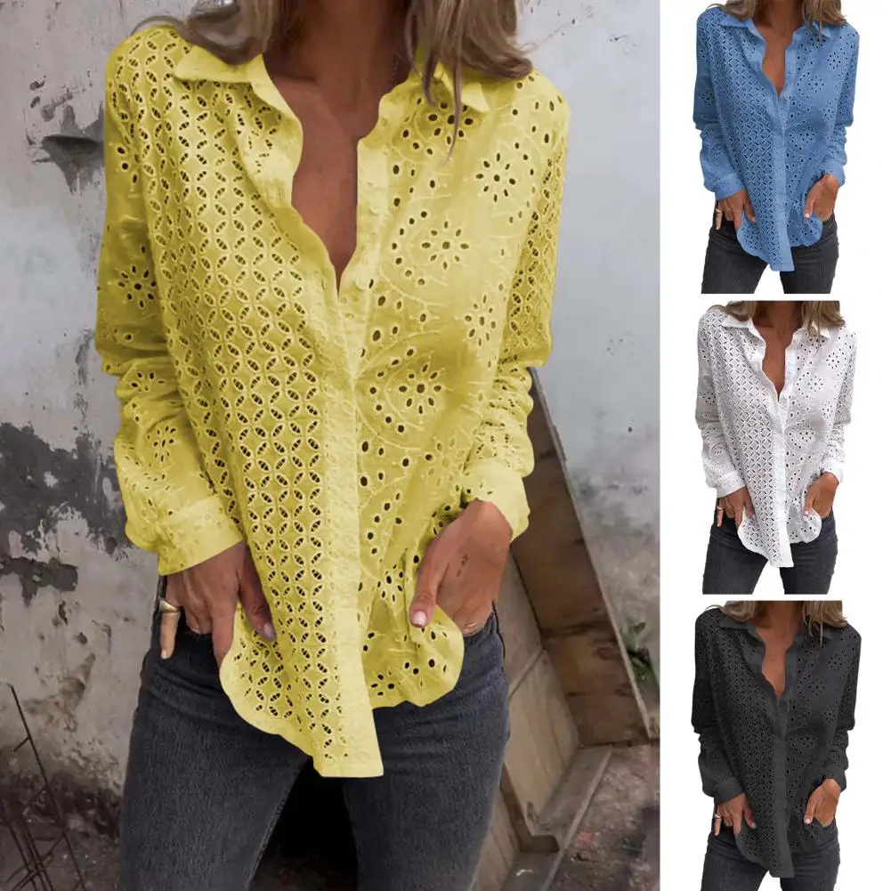 Camisa feminina de manga comprida solta, top elegante, padrão floral oco, lapela, monocromática