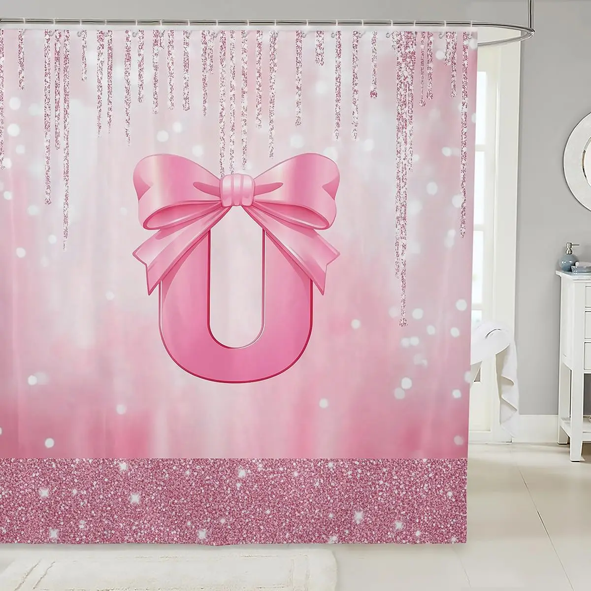 

Pink Glitter Bow Letter U Shower Curtain Sparkle Monogram Design for Girls Bathroom Elegant Decorative Waterproof Bath Curtain