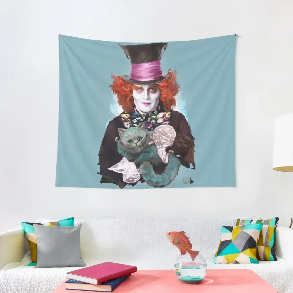 

Mad Hatter with Cat Tapestry Aesthetic Room Decors Funny Room Decor Carpet On The Wall Tapestry