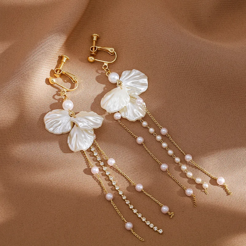 Trendy Temperament Long Pearls No Hole Clip Earrings Imitation Pearl Shell Tassel Long Clip on Earrings on Pierced Ears Women