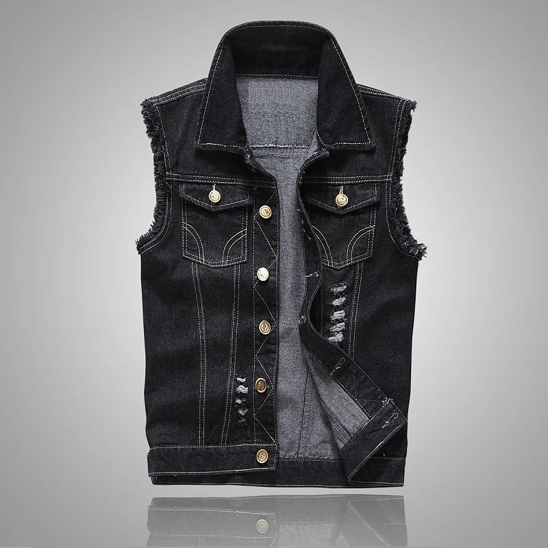 Men\'s Denim Vest Ripped Jean Jacket Hip Hop Biker Waistcoat Coats Cowboy Brand Sleeveless Jacket Motorcycle Tanks Plus Size 6XL