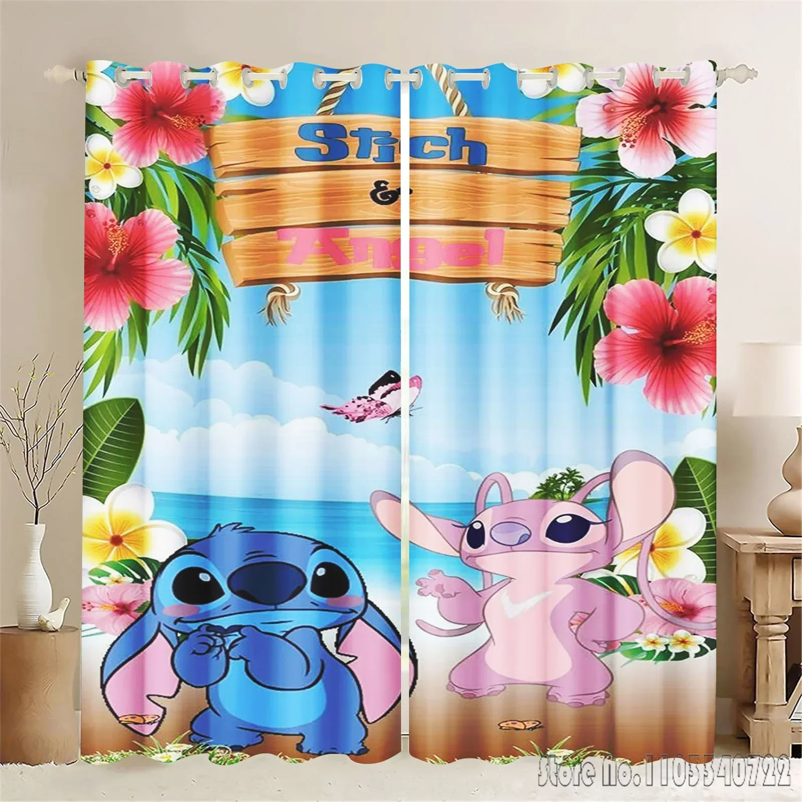 Disney Stitch Lilo Angel Cartoon Window Curtain 3D Print Blackout Curtains Living Room Bedroom Decor Kids Gift