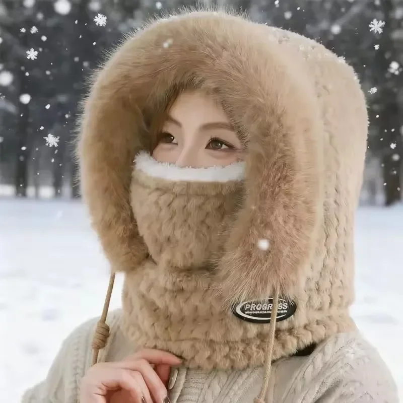 Autumn and Winter Women Thermal Plush Hat Hood Scarf and Mask Ear Protection Windproof Thick Design for Riding Outdoor