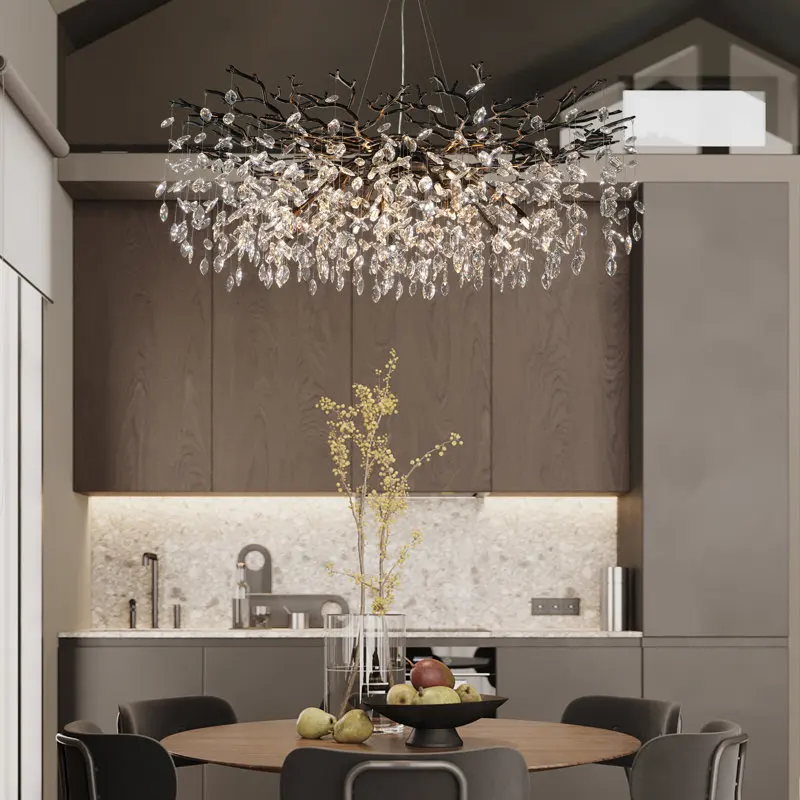 Captivating Black Tree Branch Frame Clear Crystal Leaf Drop Wide Chandelier Pendant for Dining Living Room Home Decor