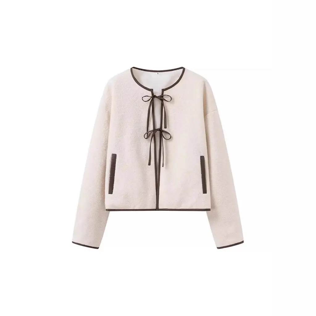 

Women's round Neck Bow Detail Cardigan Jacket Elegant Style Short Length Fashion-forward European AmericanInspired