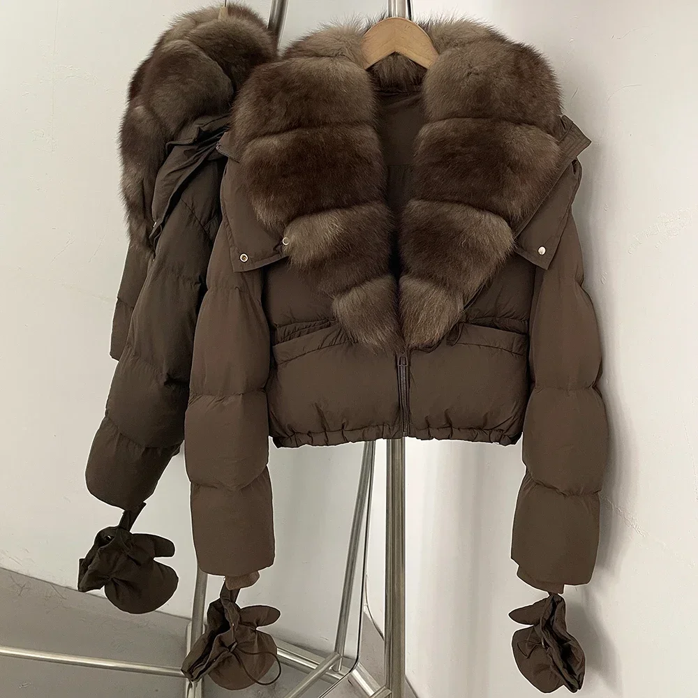 OFTBUY Neue Kurze Oberbekleidung Kapuze Entendaunen Luxus Echtfell Daunenjacke mit Abnehmbaren Handschuhen Damen Puffermantel mit Echtem Fuchsfell – Detail 24