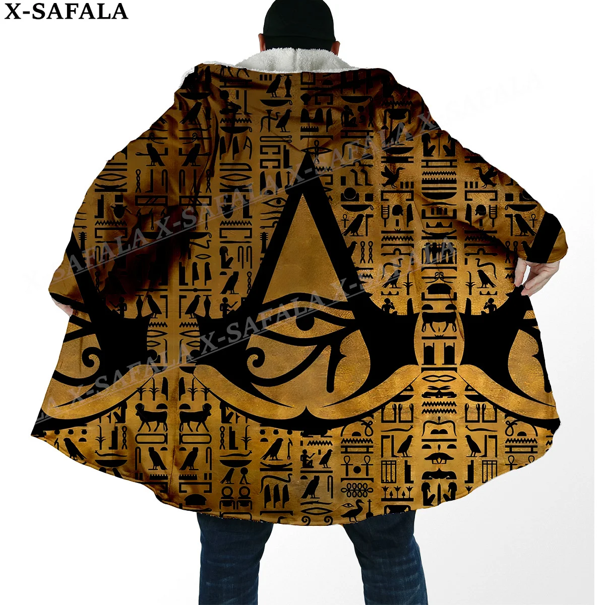 Pharaoh Ancient Egyptian Cat Print Thick Warm Hooded Cloak Men Overcoat Coat Windproof Fleece Cape Robe Hooded Blanket-17