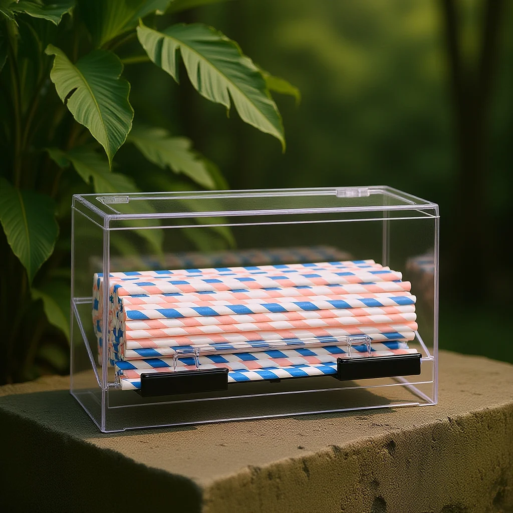 

Clear Acrylic Straw Dispenser Box for Bulk Straws Smooth Pressing Type Storage Case Reusable Restaurant Counter Holder