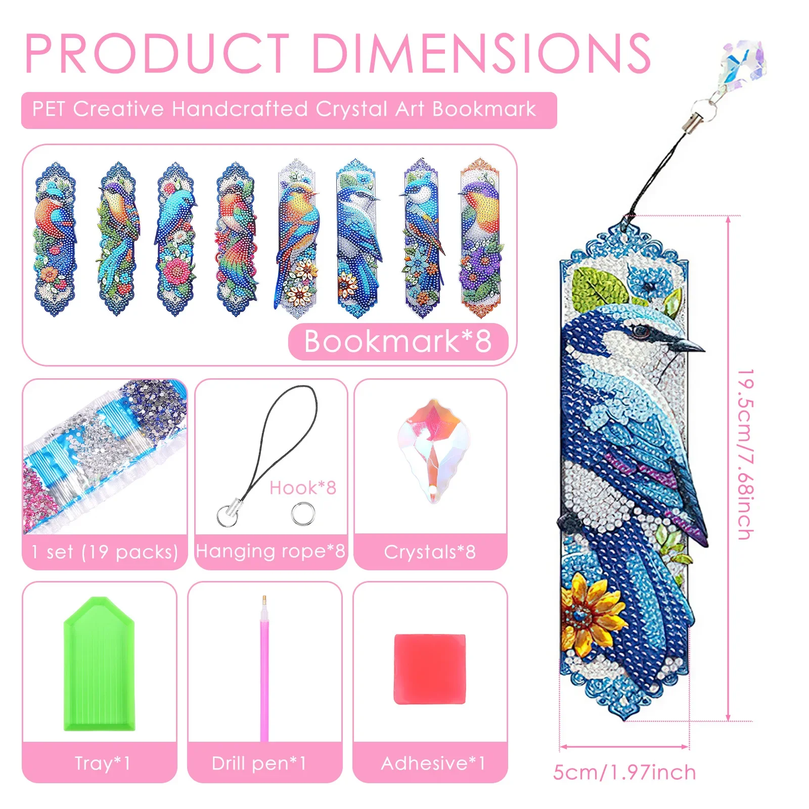 8Pcs Birds Diamond Art Bookmark Kit DIY Diamond Art Bookmark Crafts with Rhinestone Tassel Gifts for Bookworms Writers Teachers